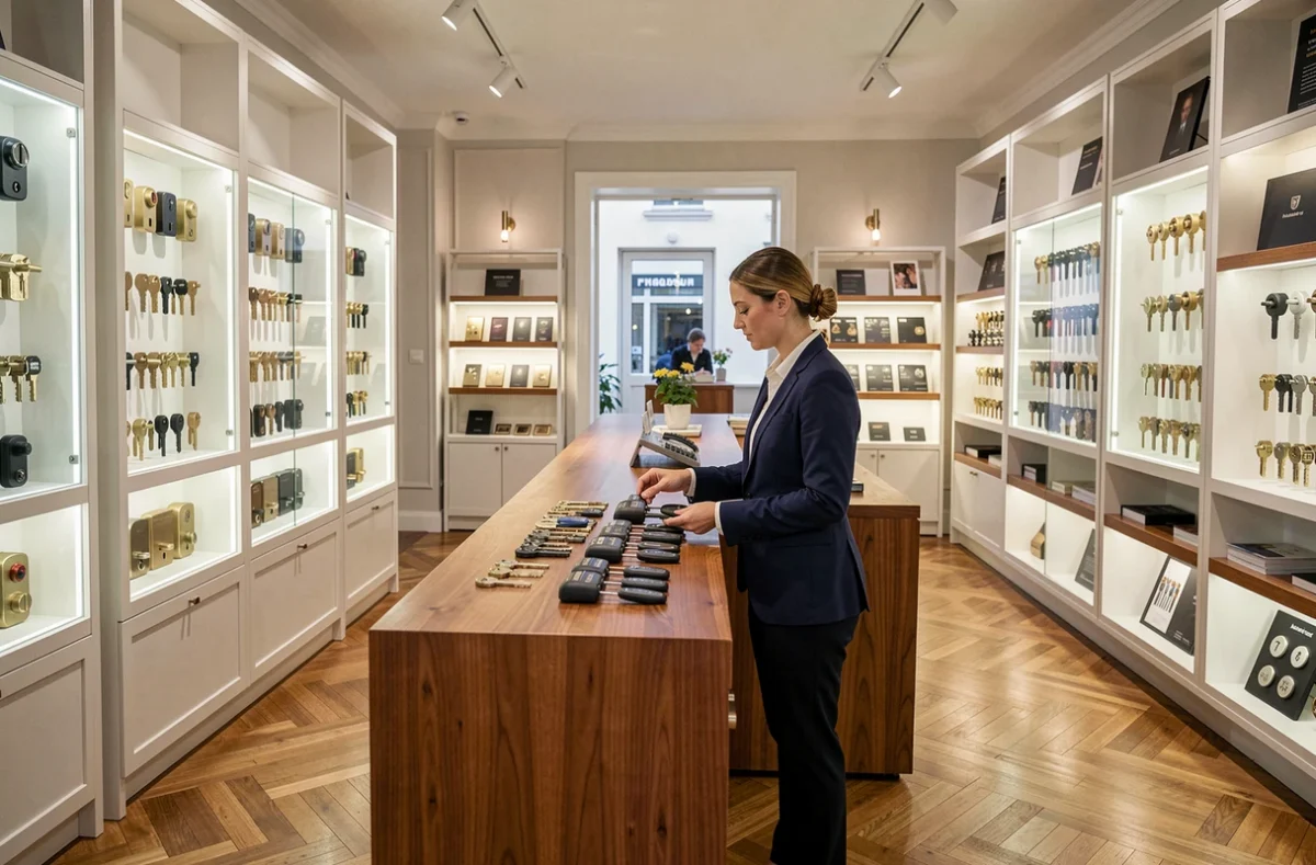Vendeuse de la Maison de la Clé Bordeaux présentant des clés haut de gamme dans une boutique serrurerie élégante