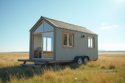 Petite maison économique en matériaux recyclés dans un paysage rural