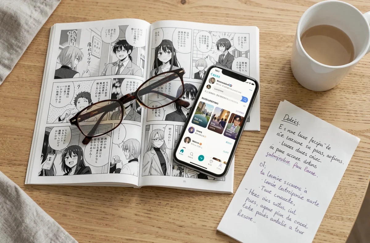 Vue aérienne d'un manga ouvert, d'un smartphone avec application légale et d'un carnet de notes sur les alternatives légales aux scans