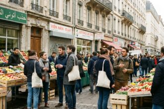 Marché de rue animé et cosmopolite dans le quartier de la Guillotière à Lyon, avec des jeunes adultes de diverses origines faisant leurs courses