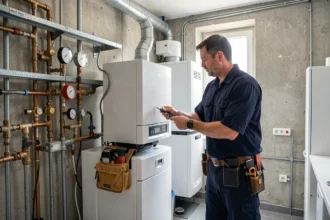 Chauffagiste professionnel inspectant une chaudière moderne dans une maison de la Loire