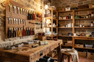 Atelier de serrurier artisanal en Nouvelle-Aquitaine avec outils et clés exposés sur un établi