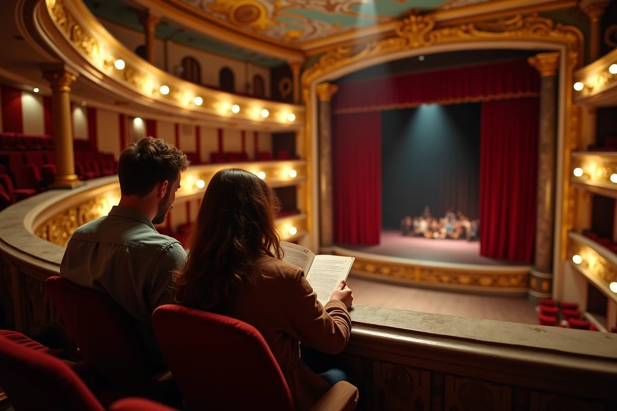 Couple assis en mezzanine d'un théâtre haussmannien parisien avec vue dégagée sur la scène depuis le balcon intermédiaire