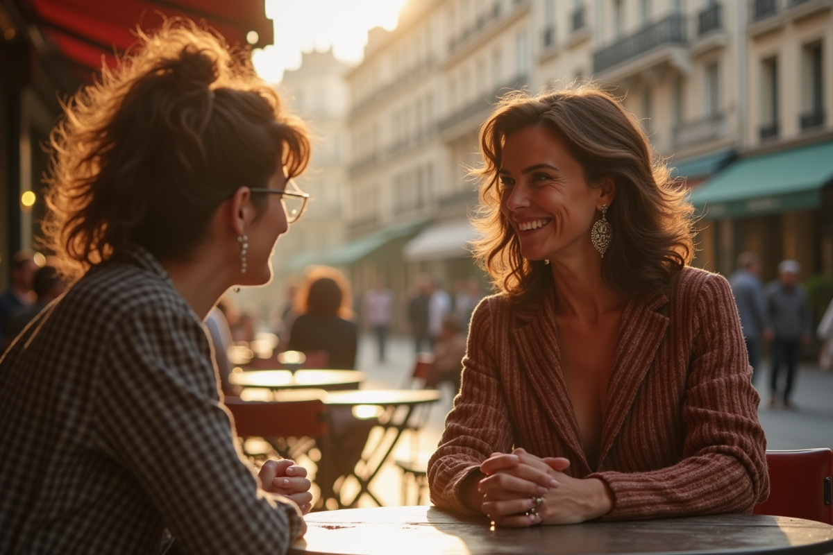 Mireille Mathieu discutant dans un café parisien en plein air