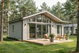 Mobil-home haut de gamme avec terrasse en bois et grandes baies vitrées dans un parc résidentiel de loisirs entouré de pins