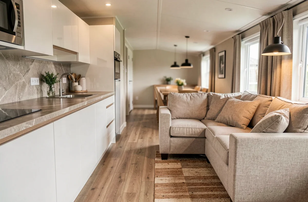 Intérieur haut de gamme d'un mobil-home avec cuisine équipée, parquet et décoration scandinave moderne