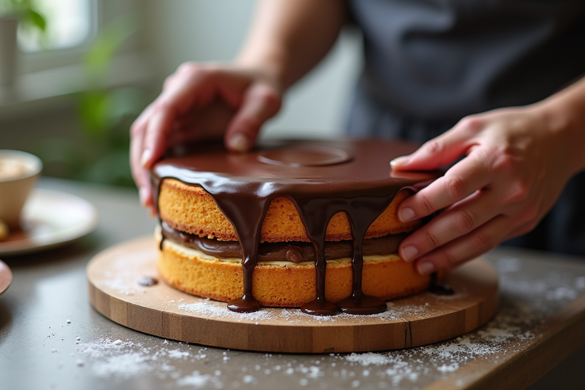Mains d’un pâtissier assemblant les couches du gâteau opera