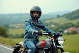 Jeune motard en denim sur une moto Avengers 125cc en campagne