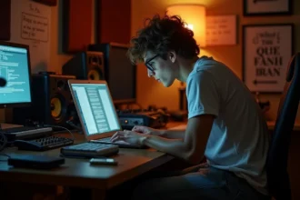 Musicien assis devant un ordinateur portable dans un studio d'enregistrement maison, entouré de câbles et de notes manuscrites, illustrant la tentation des fuites musicales en ligne
