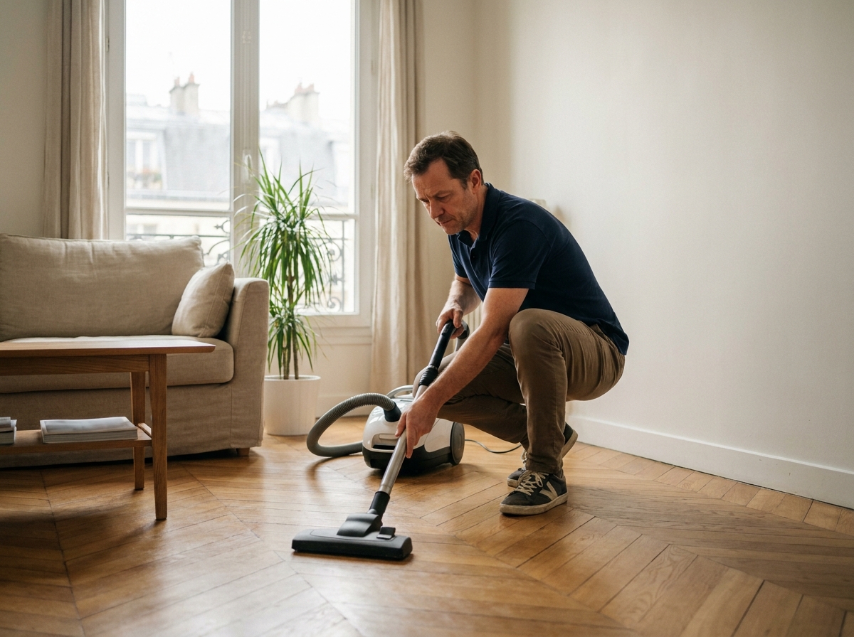 Homme passant l'aspirateur sur un parquet en bois dans un salon d'appartement bien entretenu, représentant les bonnes pratiques d'entretien ménager à domicile