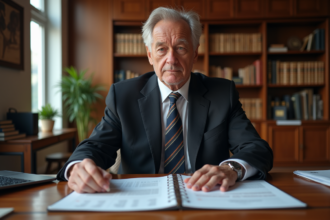 Notaire mature en bureau moderne examinant des documents immobiliers