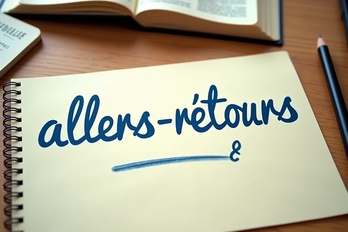 Gros plan sur une note manuscrite en français avec le mot allers-retours corrigé à côté d'un dictionnaire de poche ouvert sur une table en bois