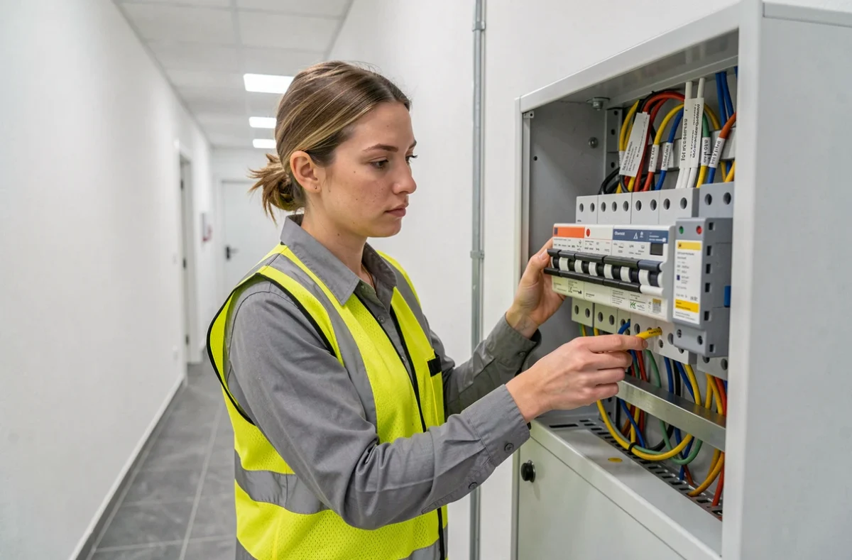 Électricienne de Nuzzo Elec inspectant un tableau de distribution dans un immeuble à Guebwiller
