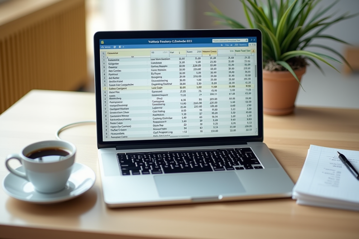 Ordinateur portable affichant un tableau de calcul de salaire avec tasse de café