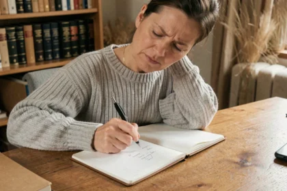 Femme écrivant dans un cahier à la recherche de la bonne orthographe du mot parenthèse