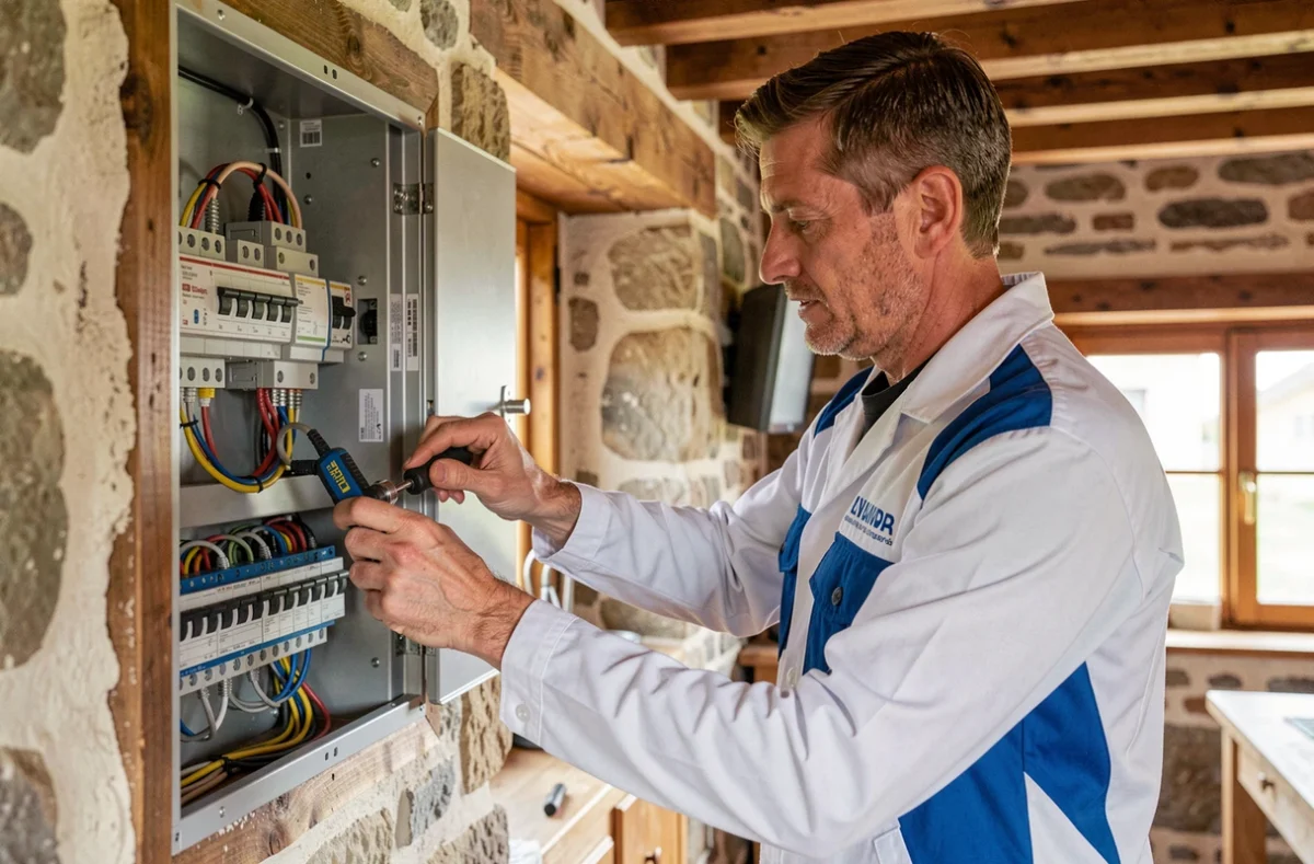 Électricien installant un tableau électrique dans une maison alsacienne à Mittelwihr pour OS Electric