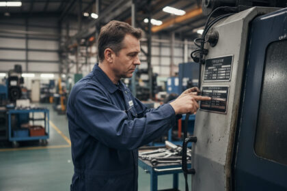 Ouvrier industriel examinant une plaque en métal