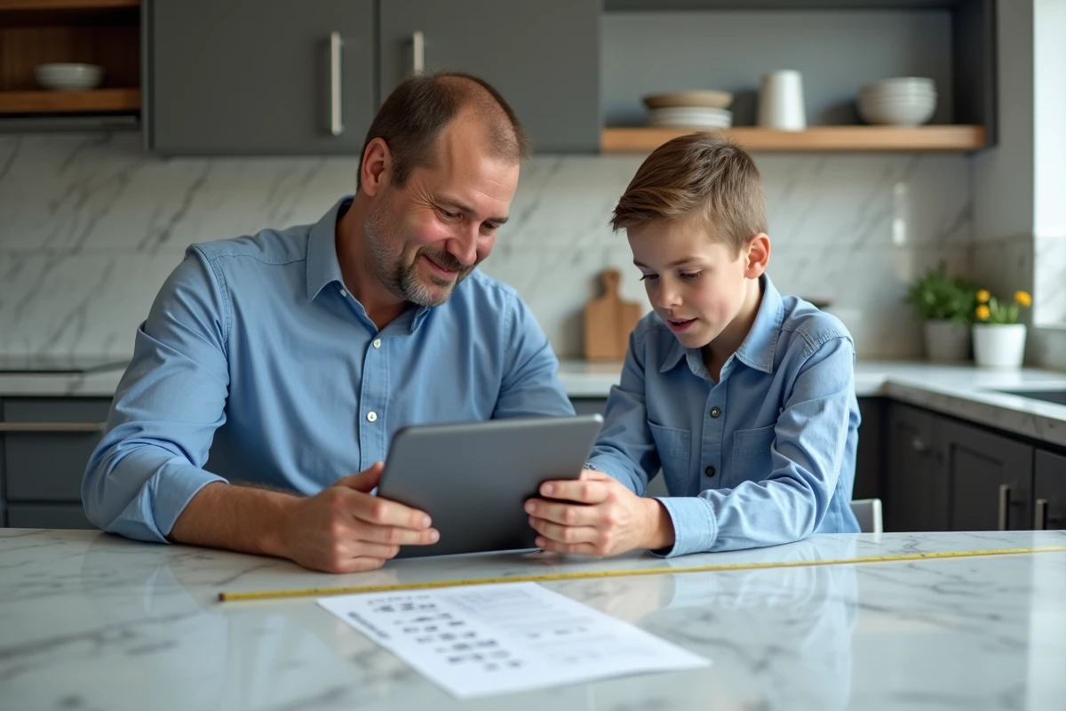 Père et fils mesurent une tablette dans la cuisine