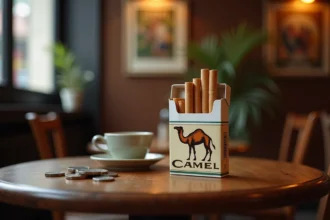 Paquet de cigarettes Camel posé sur une table de café luxembourgeois avec des pièces en euros et une tasse d'expresso