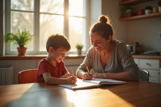 Parent et enfant faisant leurs devoirs au matin