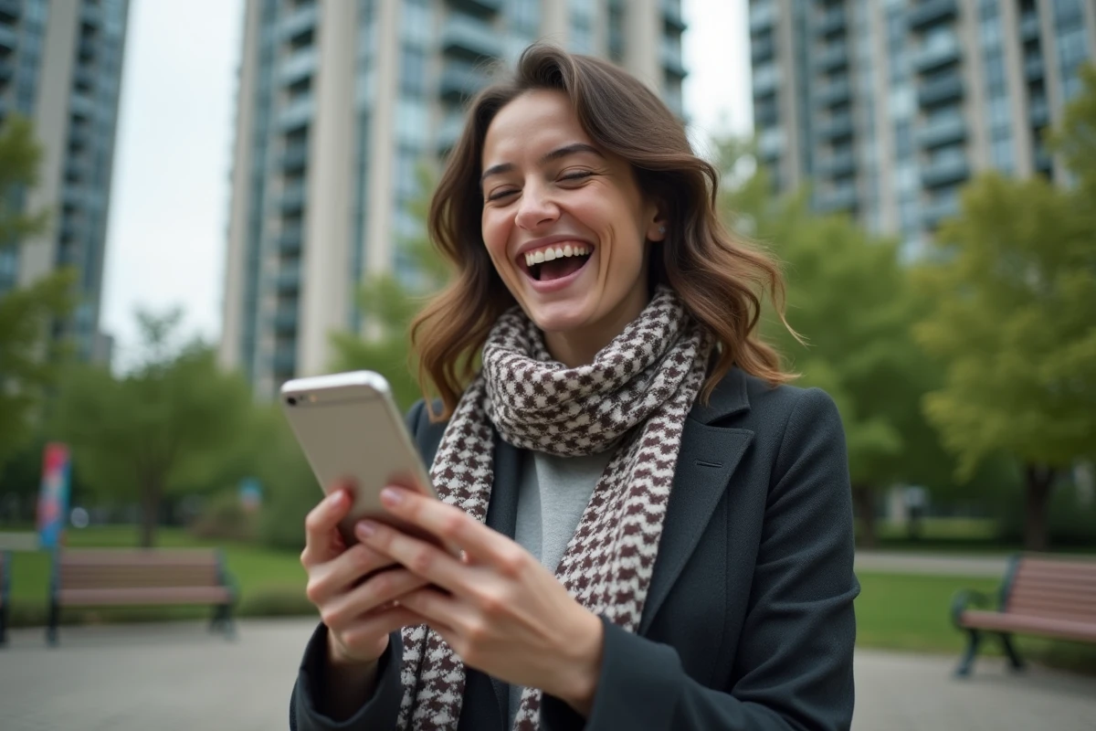 Personne nonbinaire riant dans un parc urbain