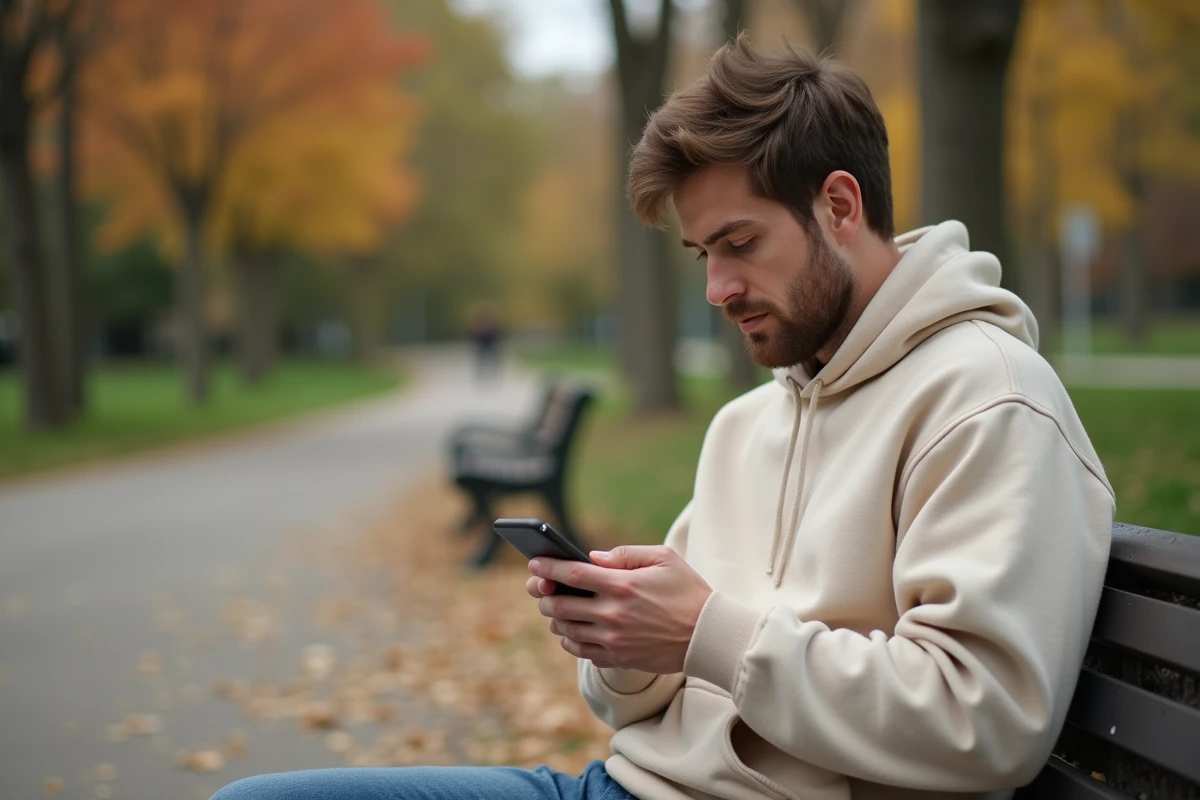 Personne assise sur un banc dans un parc vérifiant une conversation SMS bloquée sur Android