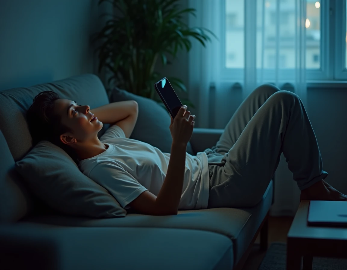 Personne allongée sur un canapé consultant des stories Snapchat publiques de manière anonyme sur son téléphone le soir