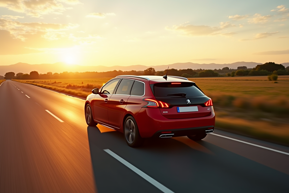 Peugeot 308 GT roulant en campagne au coucher du soleil