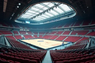 Vue panoramique depuis les tribunes supérieures de l'Accor Arena montrant le plan de salle avec les catégories de places numérotées