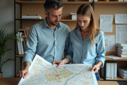 Couple en réunion d'urbanisme avec carte de zonage