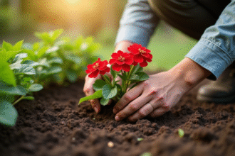 Jardinier plantant un géranium dans la terre riche du jardin
