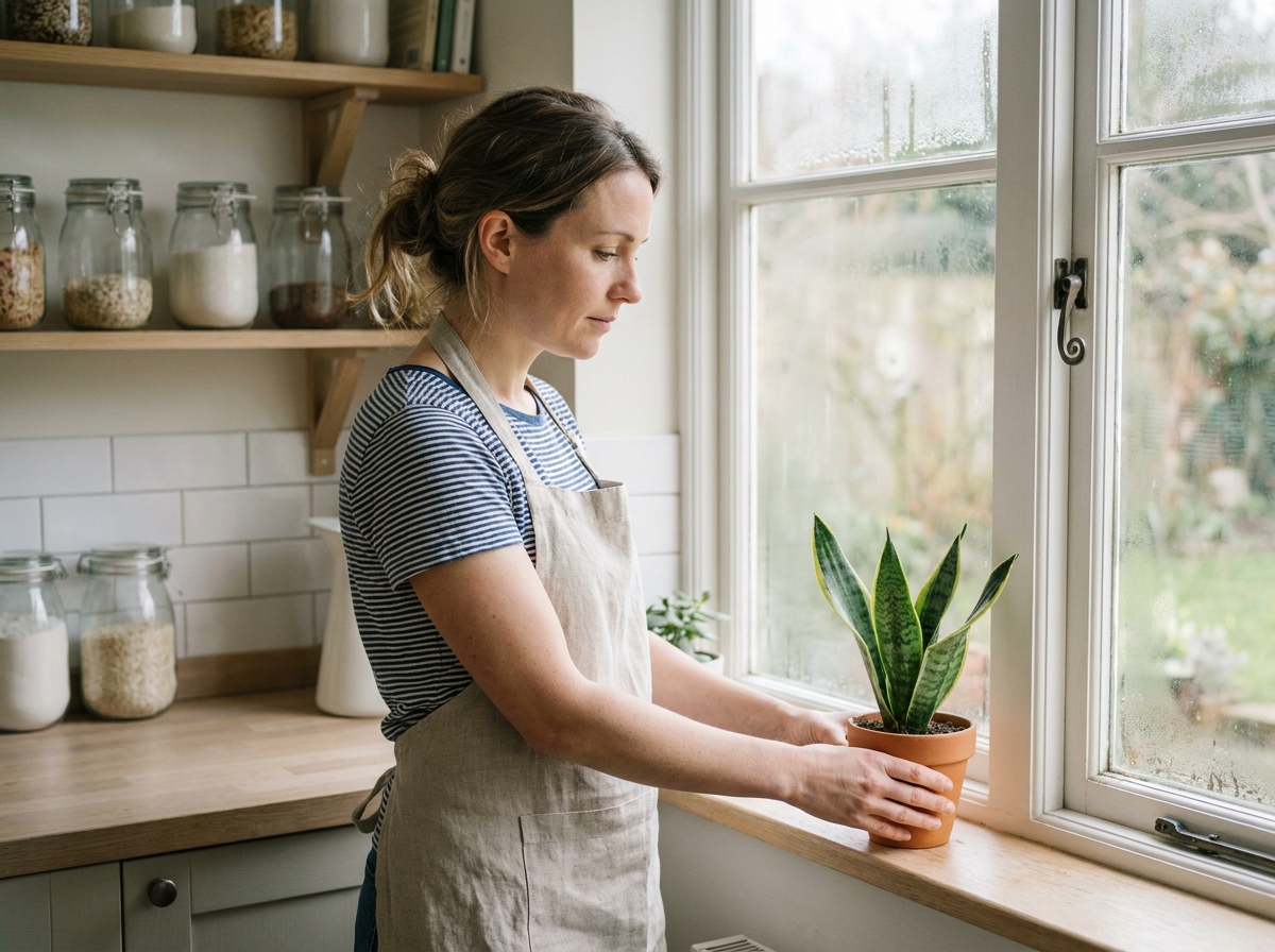 Femme plaçant une plante dépolluante près d'une fenêtre ouverte dans une cuisine scandinave pour purifier l'air