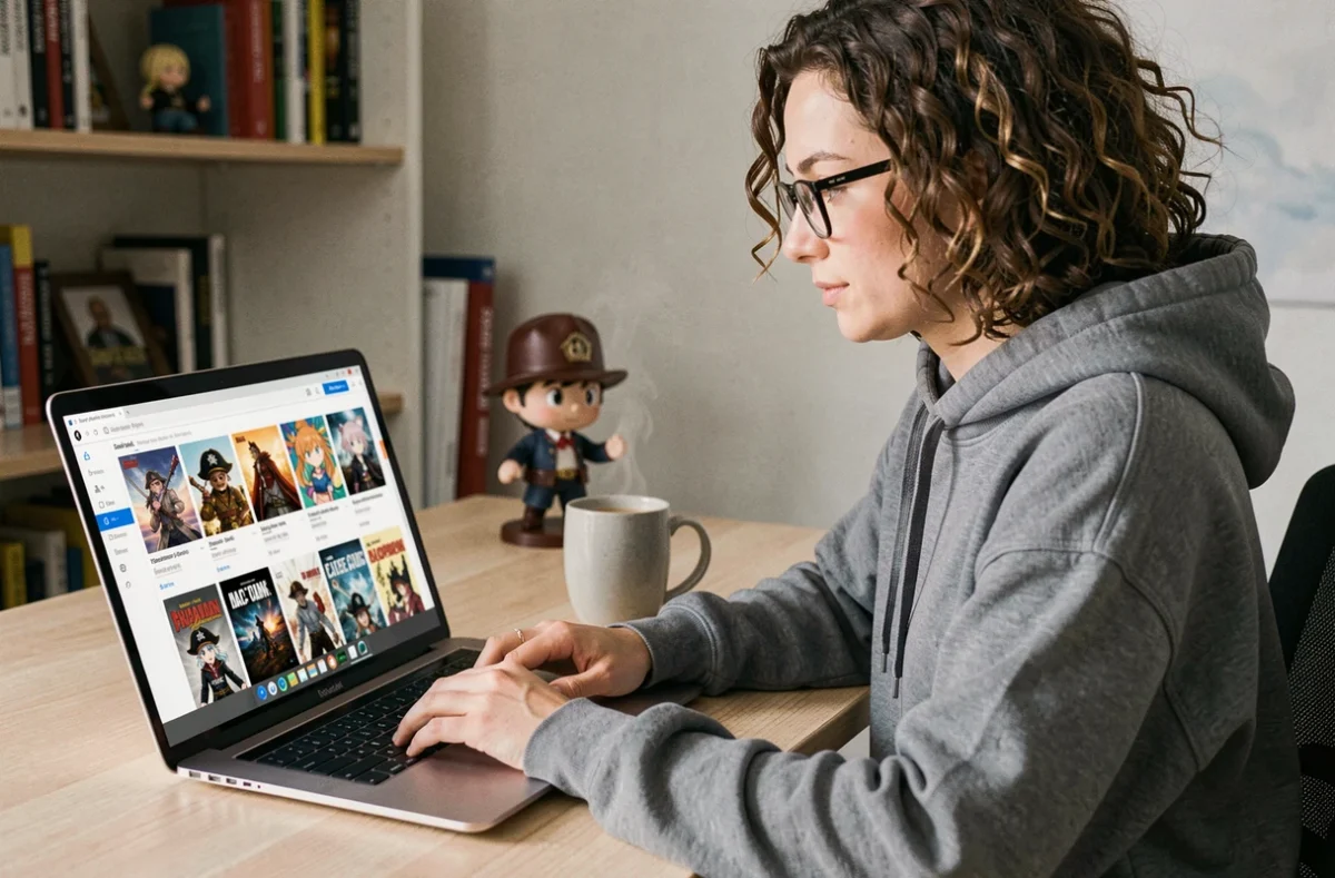 Femme parcourant une plateforme d'anime légale en français sur son ordinateur portable