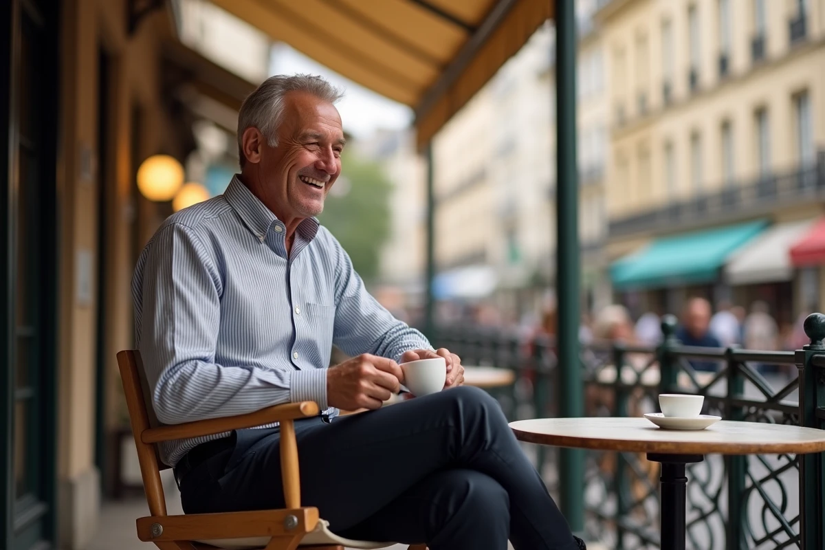 Animateur et humoriste français en terrasse de café parisien, portrait éditorial illustrant son physique et sa silhouette caractéristique