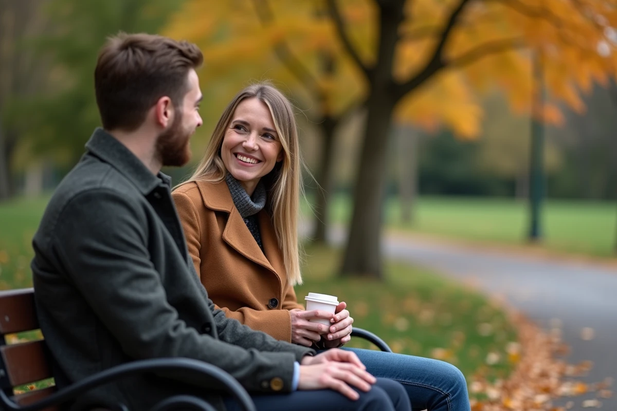 Couple se rencontrant pour la première fois dans un parc après avoir utilisé un site de rencontres sérieuses