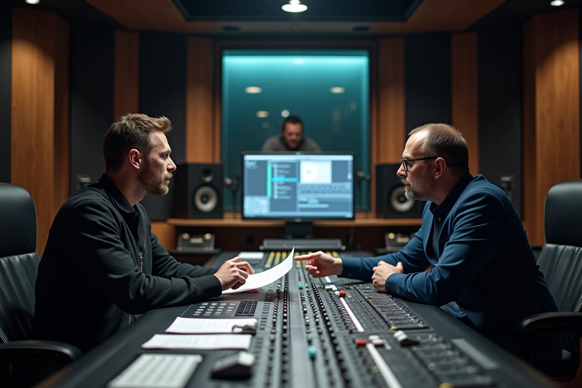 Deux producteurs de musique en discussion sérieuse autour d'une console de mixage professionnelle, évoquant les enjeux contractuels et les risques liés aux fuites de projets musicaux