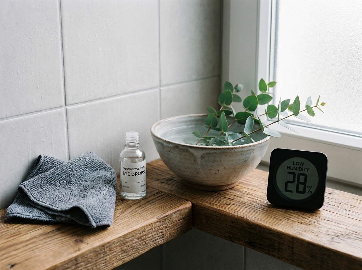 Gros plan sur des produits de soin oculaire et un hygromètre posés sur une étagère de salle de bain en hiver