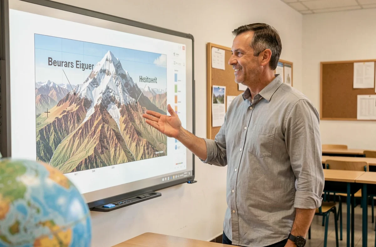 Professeur de géographie expliquant la topographie de l'Everest devant un tableau interactif en classe