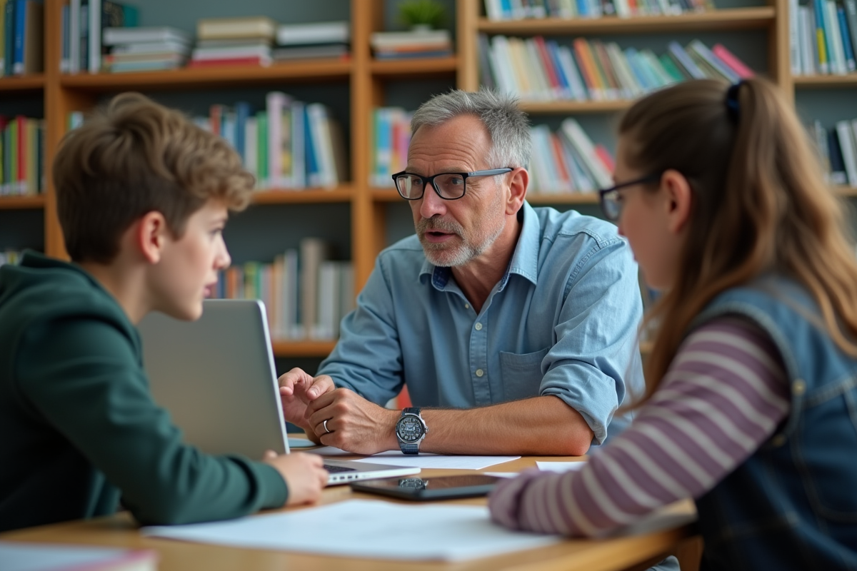 Professeur expliquant à deux adolescents en bibliothèque