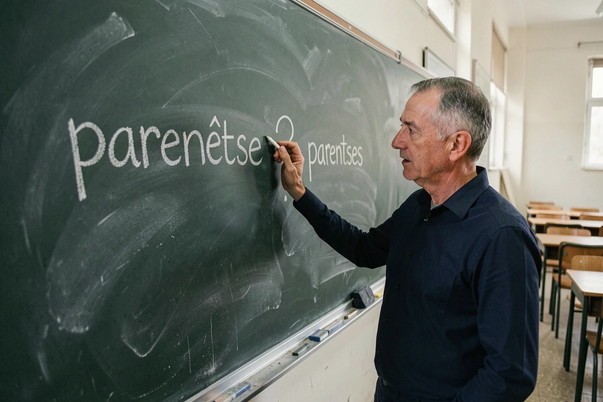 Enseignant devant un tableau noir expliquant la bonne orthographe du mot parenthèse avec des exemples en craie