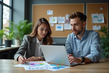 Deux jeunes professionnels du marketing collaborent au bureau