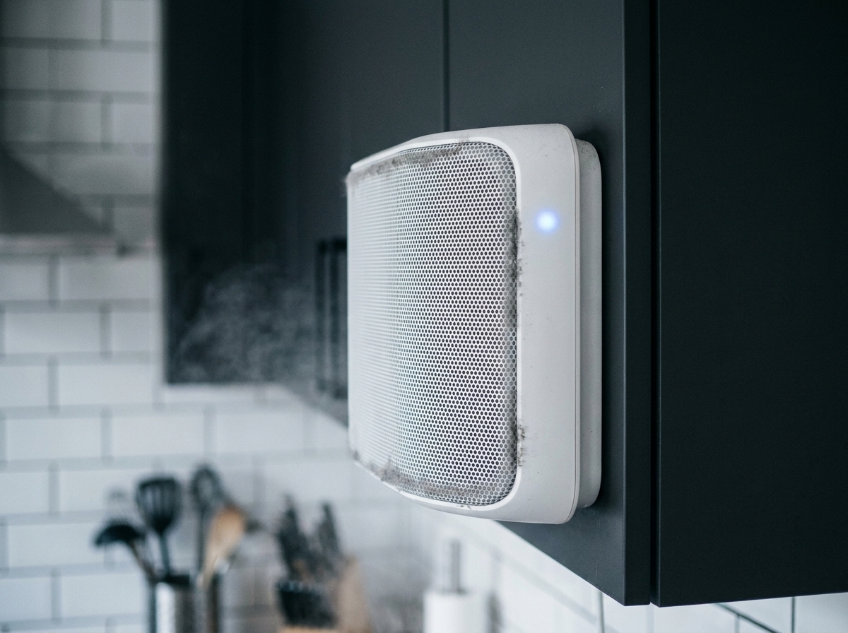 Purificateur d'air mural installé dans une cuisine avec filtre visible et légère brume de cuisson en arrière-plan