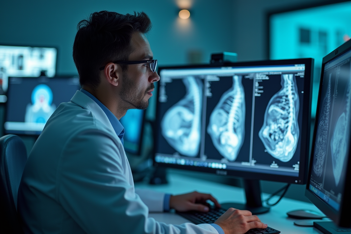 Radiologue analysant des images médicales sur écran haute résolution