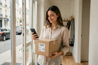 Jeune femme recevant un colis Vinted à la porte de son appartement en vérifiant son téléphone