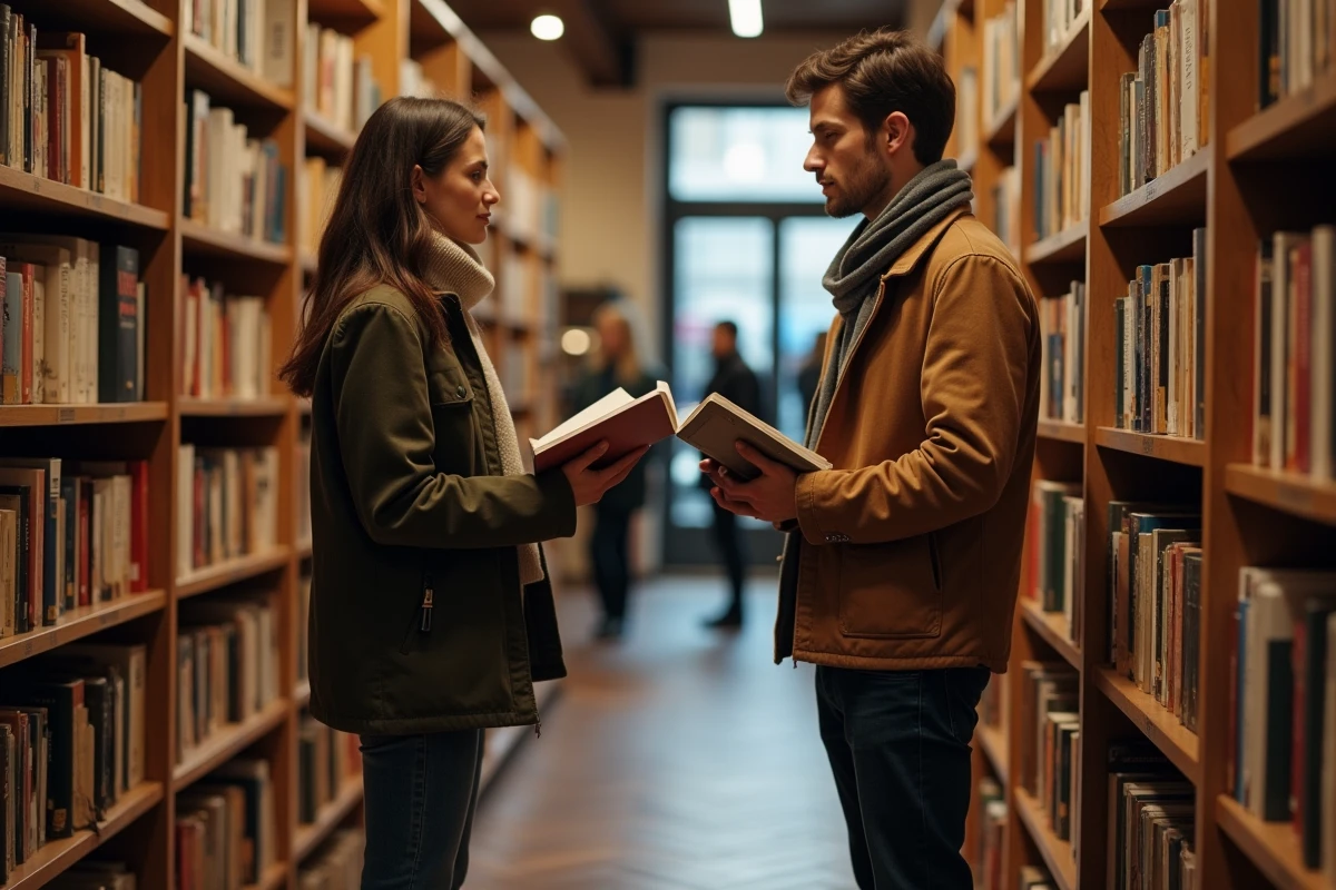 Deux célibataires timides se rencontrant pour la première fois dans une librairie française après s'être connus sur un site de rencontre gratuit