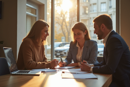Jeune couple rencontrant un conseiller bancaire moderne pour un prêt immobilier