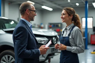 Homme d affaires avec technicienne devant voiture endommagée