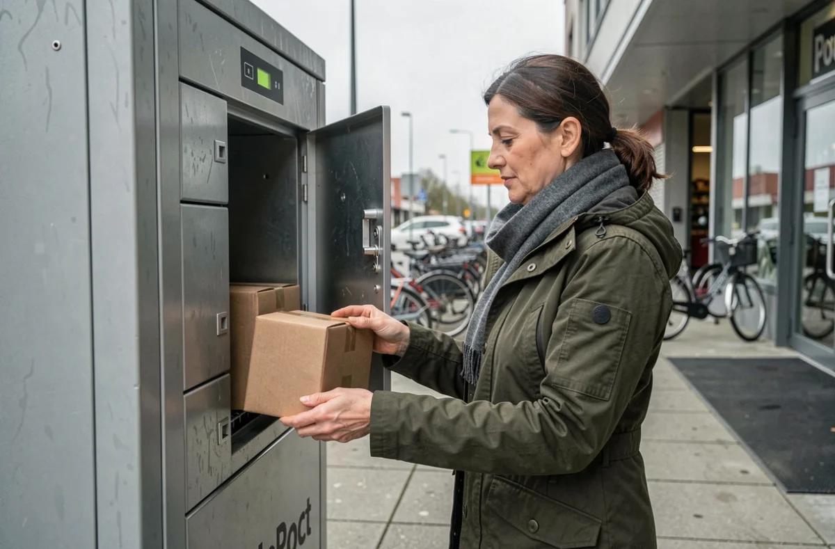 Femme retirant un colis Vinted d'une consigne automatique en libre-service en extérieur