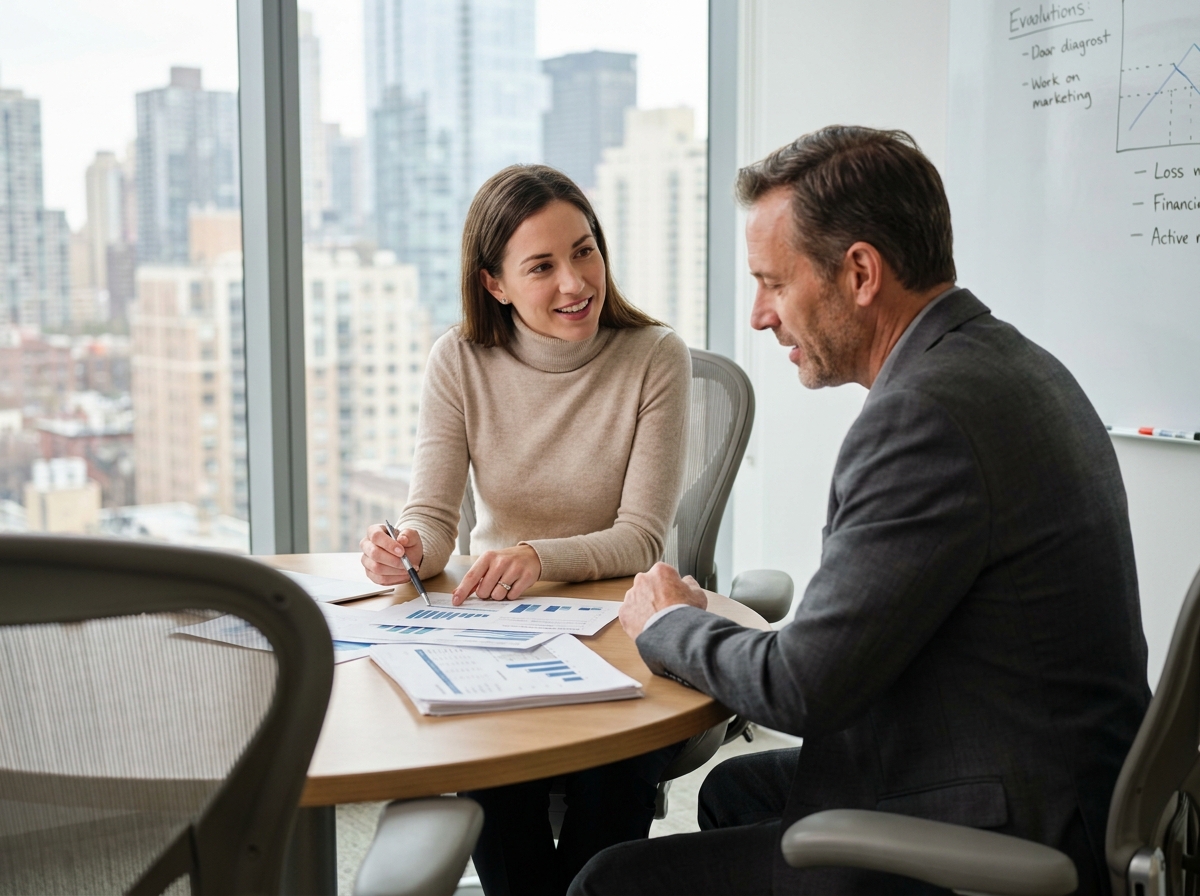 Réunion entre un consultant en portage salarial et un client dans une salle de réunion professionnelle
