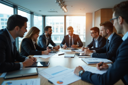Réunion de dirigeants discutant de CV et profils sur table